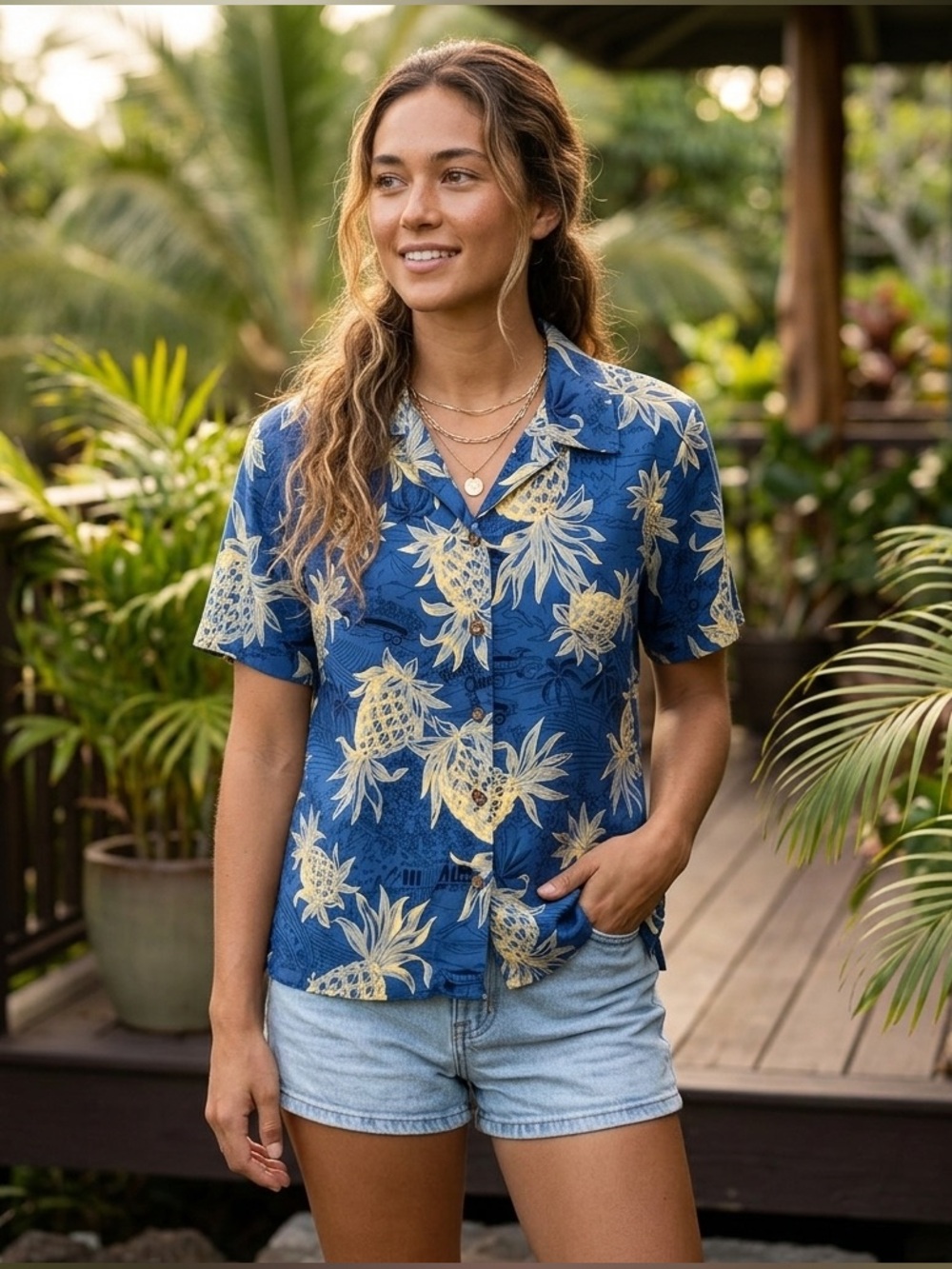 Vintage Iolani Hawaiian Silk Blue Pineapple Print Short Sleeve Shirt, Size Small